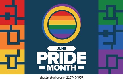 Pride Month in June. LGBT flag. Lesbian Gay Bisexual Transgender. Celebrated annual. Rainbow colours, love concept. Human rights and tolerance. Poster, banner and background. Vector illustration