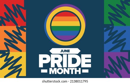 Pride Month in June. LGBT flag. Lesbian Gay Bisexual Transgender. Celebrated annual. Rainbow colours, love concept. Human rights and tolerance. Poster, banner and background. Vector illustration
