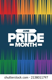Pride Month in June. LGBT flag. Lesbian Gay Bisexual Transgender. Celebrated annual. Rainbow colours, love concept. Human rights and tolerance. Poster, banner and background. Vector illustration