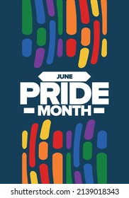 Pride Month in June. LGBT flag. Lesbian Gay Bisexual Transgender. Celebrated annual. Rainbow colours, love concept. Human rights and tolerance. Poster, banner and background. Vector illustration