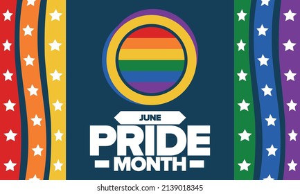 Pride Month im Juni. LGBT-Flagge. Lesbischer Schwulenschwanz Jährlich gefeiert. Regenbogenfarben, Liebeskonzept. Menschenrechte und Toleranz. Poster, Banner und Hintergrund. Vektorgrafik
