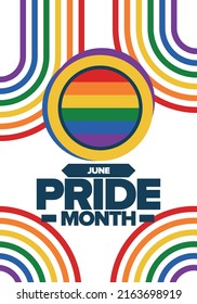 Pride Month in June. LGBT flag. Lesbian Gay. Celebrated annual. Rainbow colours, love concept. Human rights and tolerance. Poster, banner and background. Vector illustration