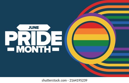 Pride Month in June. LGBT flag. Lesbian Gay. Celebrated annual. Rainbow colours, love concept. Human rights and tolerance. Poster, banner and background. Vector illustration