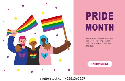 Starte Monatslandeseite und Banner. Drei kleine Menschen in verschiedenen Hautfarben stehen und umarmen mit Herz in Fahnenfarben. Bipoc-Homosexuelle, Bisexuelle und Transgender zusammen feiern.