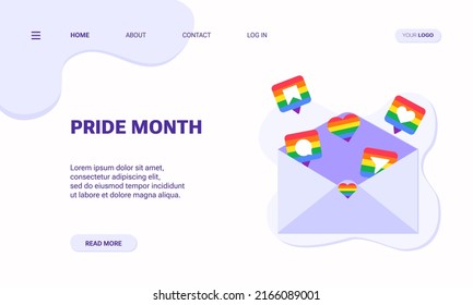 Pride Month landing page template. Vector illustration letter with rainbow social media icons in LGBT colors. Envelope on abstract background. Vector illustration for website, app, banner, or flyer	