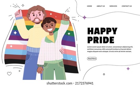 Pride month landing page for website, social media and print uses. Human and couples showing love, happiness and excitement towards this celebrative season. Contains pride and rainbow elements.