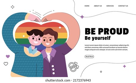 Pride month landing page for website, social media and print uses. Human and couples showing love, happiness and excitement towards this celebrative season. Contains pride and rainbow elements.