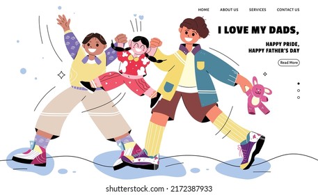 Página de inicio del mes del orgullo para sitios web, medios sociales y usos impresos. Humanos, niños y parejas mostrando amor, felicidad y emoción hacia esta temporada de celebración. Contiene elementos de orgullo y arcoiris
