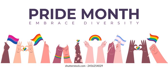 Pride Month LGBT Multiracial Hands Banner. People Holding Rainbow Bisexual and Transgender Flags. Celebrating Diversity and Love During Pride Month Vector Illustration.