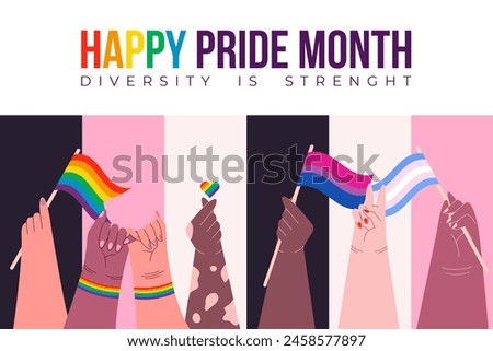 Pride Month LGBT Multiracial Hands Banner. People Holding Rainbow Bisexual and Transgender Flags. Celebrating Diversity and Love During Pride Month Vector Illustration.