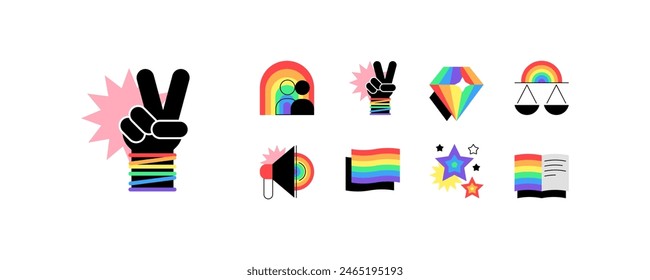 Mes del orgullo. La comunidad LGBTQ+ y la igualdad. Gráficos planos. Conjunto de iconos. archivo de Vector.