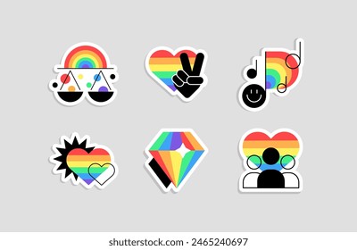 Mes del orgullo. La comunidad LGBTQ+ y la igualdad. Gráficos planos. Conjunto de pegatinas. archivo de Vector.