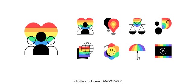 Mes del orgullo. La comunidad LGBTQ+ y la igualdad. Gráficos planos. Conjunto de iconos. archivo de Vector.