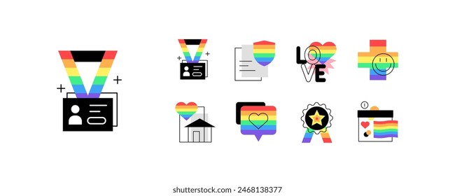 In: Pride Month. LGBTQ+-Gemeinschaft und Gleichberechtigung. Flache Grafiken. Gruppe von Symbolen. Vektorgrafik.