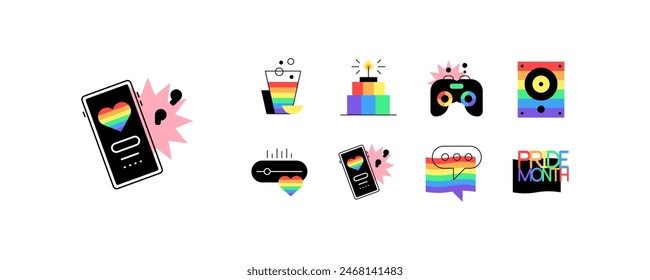 Pride month. LGBTQ+ community and equality. Flat graphics. Set of icons, badges, doodles. Vector file.