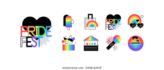 In: Pride Month. LGBTQ+-Gemeinschaft und Gleichberechtigung. Flache Grafiken. Set von Icons, Abzeichen, Kritzeleien. Vektorgrafik.