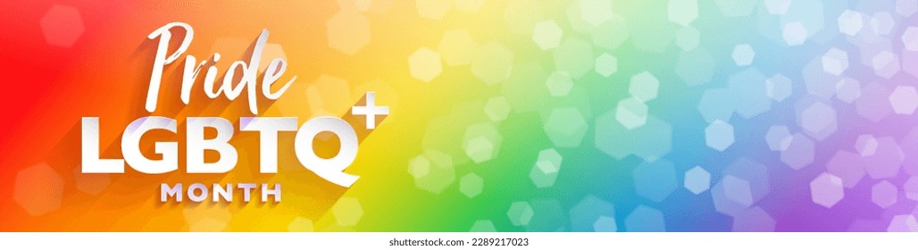 PRIDE month LGBTQ plus banner for festival parades and party events with abstract rainbow bokeh background. Vector illustration. for template, horizontal poster, background banner and social.