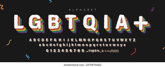 Pride month LGBTQIA+ rainbow color typography font text design with alphabet letters and numbers, vector design on dark background