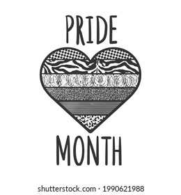 Pride month logo with black and white heart abstact flag. Pride symbol with heart, LGBT, sexual minorities, gays and lesbians vector illustration. T-shirt apparel print design. Black and white mage.