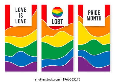 Pride month logo card with flag background.Banner Love is love.Rainbow Pride symbol,LGBT,sexual minorities,gays and lesbians.Designer sign,logo,icon:colorful rainbow on a white background.Vector