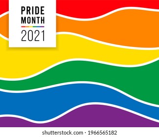 Pride month logo card with flag background.Banner Love is love.Rainbow Pride symbol,LGBT,sexual minorities,gays and lesbians.Designer sign,logo,icon:colorful rainbow on a white background.Vector