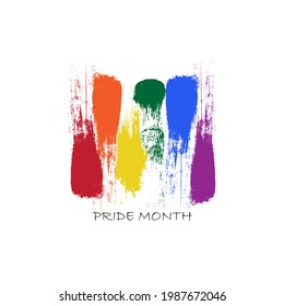Pride month logo with rainbow brush strokes flag and text 'Pride Month'. LGBT, sexual minorities, gays and lesbians. Template for design.