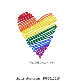 Logo del mes del Orgullo con pincel de arcoiris se rompe el corazón y texto 'Mes del Orgullo'. LGBT, minorías sexuales, gays y lesbianas. Plantilla de diseño.