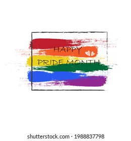 Pride month logo with rainbow brush strokes flag and text 'HAPPY Pride Month'. LGBT, sexual minorities, gays and lesbians. Template for design.