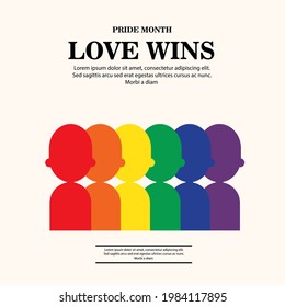 Pride month logo with rainbow flag. Pride symbol with heart, LGBT, sexual minorities, gays and lesbians. Love is love. Vector Illustration