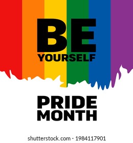 Pride month logo with rainbow flag. Pride symbol with heart, LGBT, sexual minorities, gays and lesbians. Love is love. Vector Illustration