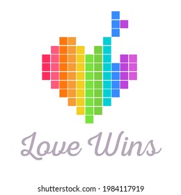 Logo del mes del Orgullo con bandera arcoíris. Símbolo de orgullo con corazón, LGBT, minorías sexuales, gays y lesbianas. El amor es amor. Ilustración vectorial