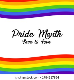 Logo del mes del Orgullo con bandera arcoíris. Símbolo de orgullo con corazón, LGBT, minorías sexuales, gays y lesbianas. El amor es amor. Ilustración vectorial