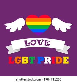 Pride month logo with rainbow flag. Pride symbol with heart, LGBT, sexual minorities, gays and lesbians. Love is love. Vector Illustration
