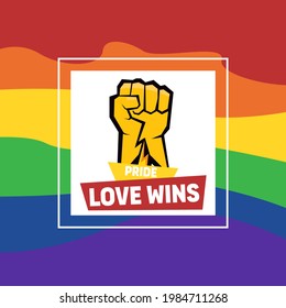 Pride month logo with rainbow flag. Pride symbol with heart, LGBT, sexual minorities, gays and lesbians. Love is love. Vector Illustration