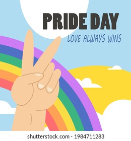 Pride month logo with rainbow flag. Pride symbol with heart, LGBT, sexual minorities, gays and lesbians. Love is love. Vector Illustration