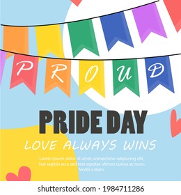 Logo del mes del Orgullo con bandera arcoíris. Símbolo de orgullo con corazón, LGBT, minorías sexuales, gays y lesbianas. El amor es amor. Ilustración vectorial