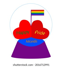 Pride month logo with rainbow flag and two hearts in a glass ball. A symbol of pride for LGBT people, sexual minorities, gays and lesbians. 