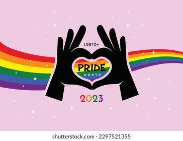 Pride month love hand gestures, pride day, rainbow flag, stars in pink background.