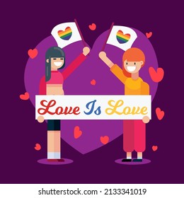 Pride month, love is love two Couple girls women people holding rainbow heart flags celebration placards banner poster design vector illustration background