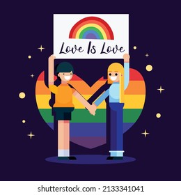 Pride month, love is love two Couple girls holding rainbow placards heart celebration banner poster design vector background