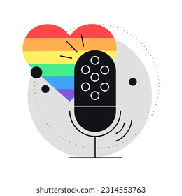 Pride month. Microphone with rainbow colored heart. Podcast, love, awareness. Modern flat icon. Vector file.