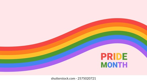 Pride month minimalistic vector illustration. Flat cartoon colorful clip art. Rainbow ribbon with bold text.