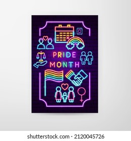 Pride Month Neon Flyer. Vector Illustration of LGBT Promotion.