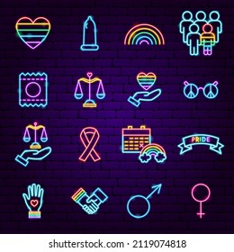 Mes del Orgullo: Iconos Neones. Ilustración vectorial de la promoción de los derechos de las personas.