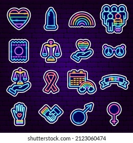 Pride Month Neon Stickers. Vector Illustration of People Rights Promotion.