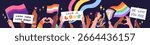 Pride month parade with rainbow flags. Crowd of people holding placards at demonstration, protest. Lesbians and gays with banners in hands at meeting of solidarity. Flat isolated vector illustration