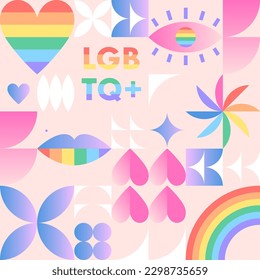 Pride month pattern template.LGBTQ+ community vector illustration in bauhaus style with geometric elements and rainbow lgbt symbols.Human rights movement concept.Gay parade.Colorful cover design.