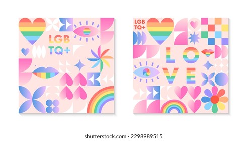 Pride month pattern templates.LGBTQ+ community vector illustrations in bauhaus style with geometric elements and rainbow lgbt symbols.Human rights movement concept.Gay parade.Colorful cover designs.