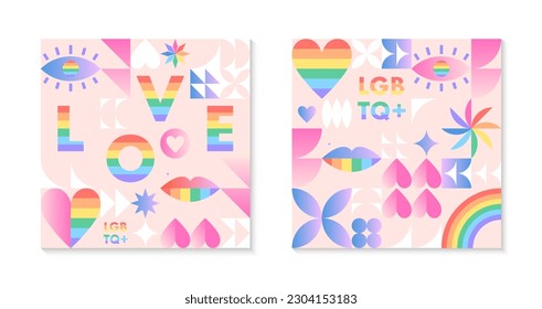 Pride month pattern templates.LGBTQ+ community vector illustrations in bauhaus style with geometric elements and rainbow lgbt symbols.Human rights movement concept.Gay parade.Colorful cover designs.