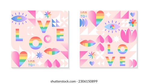Pride month pattern templates.LGBTQ+ community vector illustrations in bauhaus style with geometric elements and rainbow lgbt symbols.Human rights movement concept.Gay parade.Colorful cover designs.